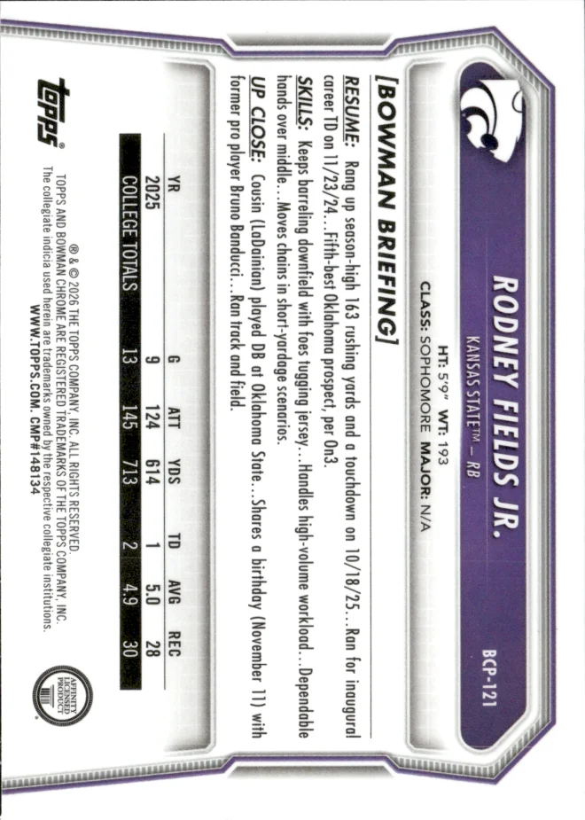 Rodney Fields Jr. card back