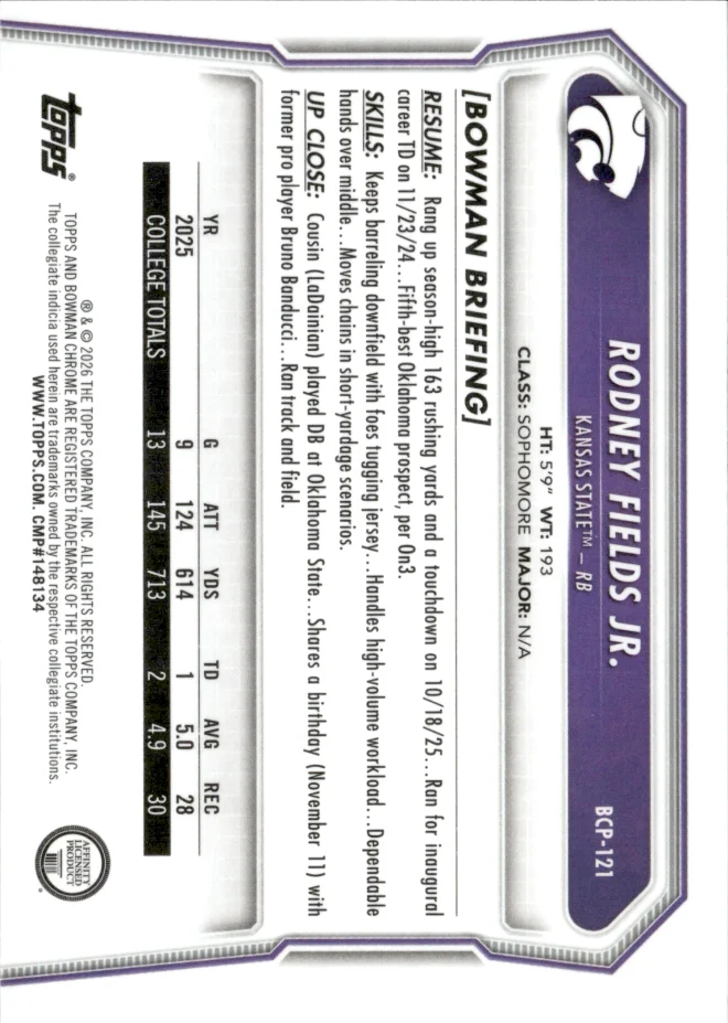 Rodney Fields Jr. card back