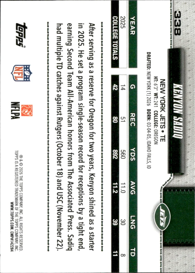 Kenyon Sadiq card back