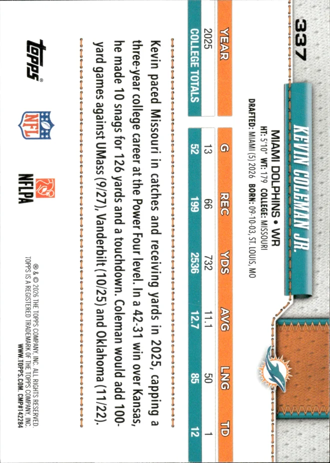 Kevin Coleman Jr. card back