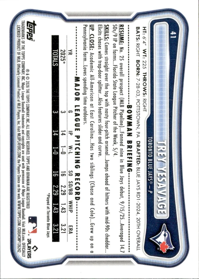 Trey Yesavage card back