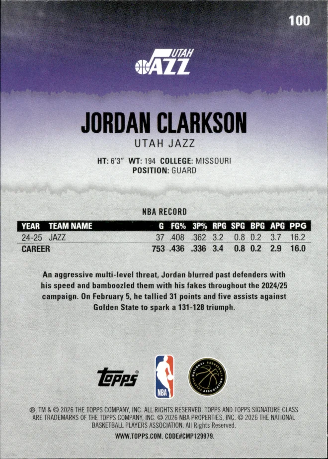 Jordan Clarkson card back