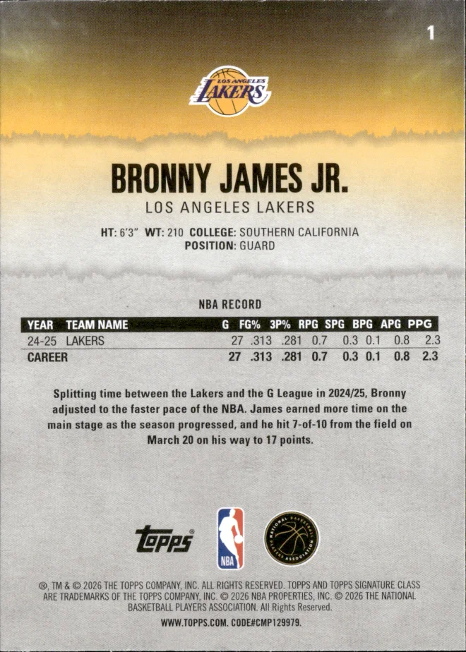 Bronny James Jr. card back