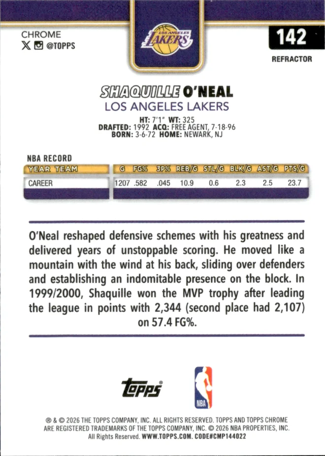 Shaquille O'Neal card back