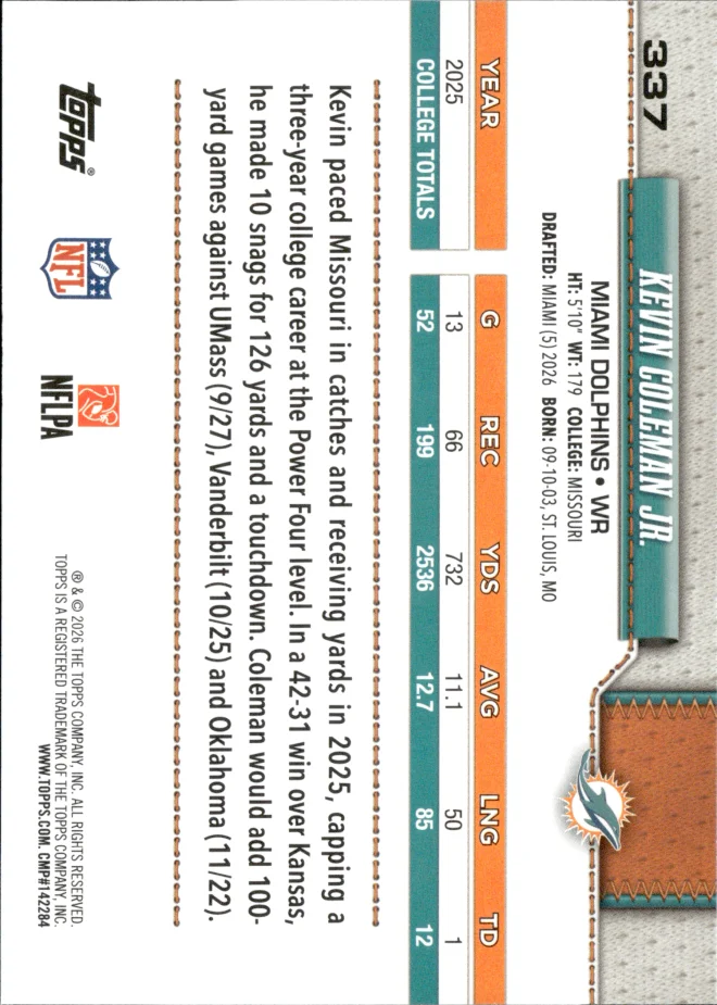 Kevin Coleman Jr. card back