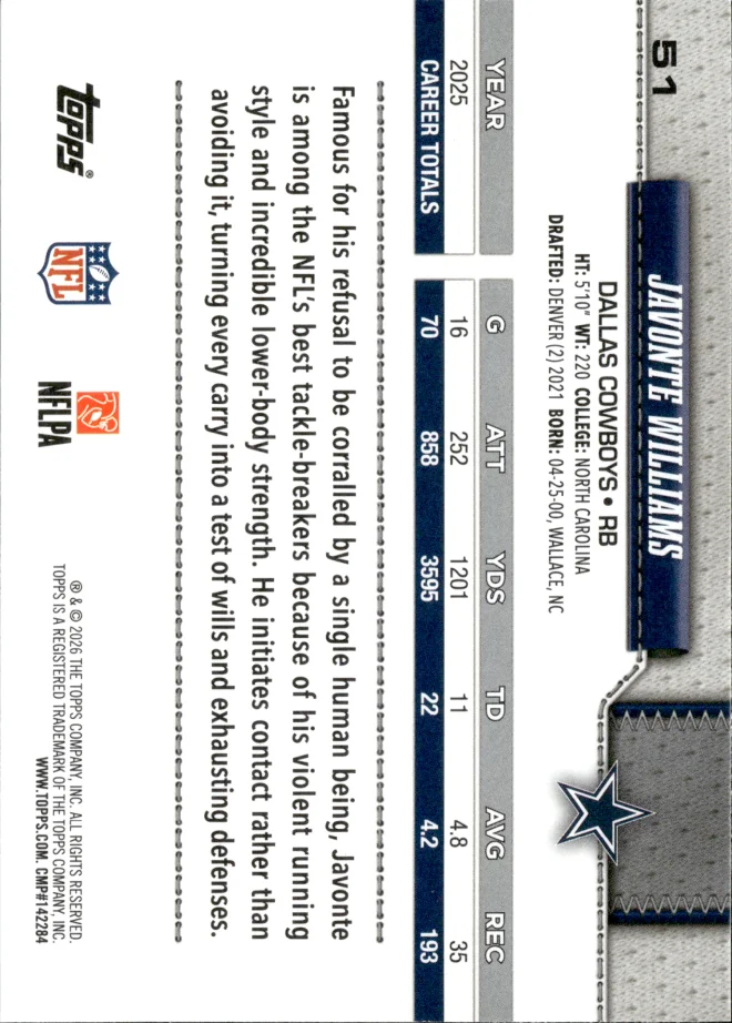 Javonte Williams card back