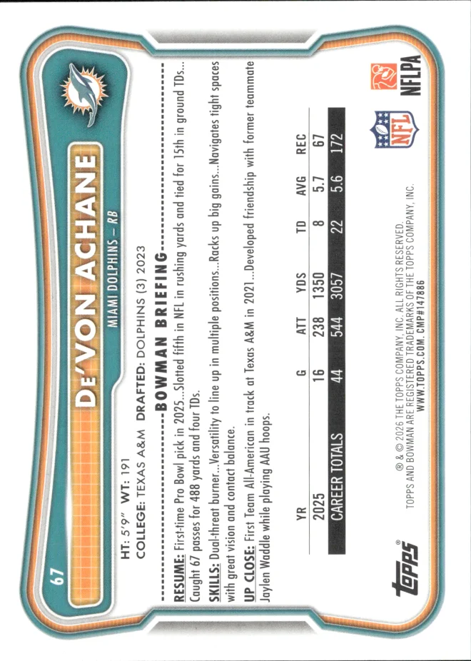 De'Von Achane card back
