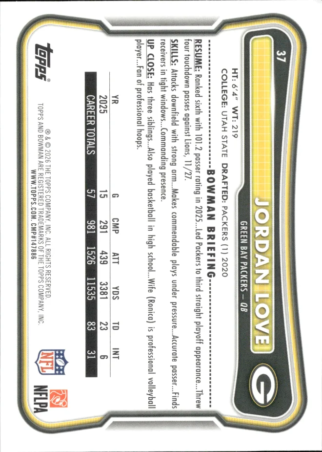 Jordan Love card back