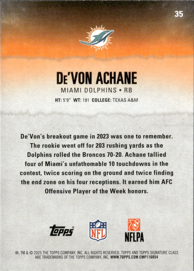 De'Von Achane card back