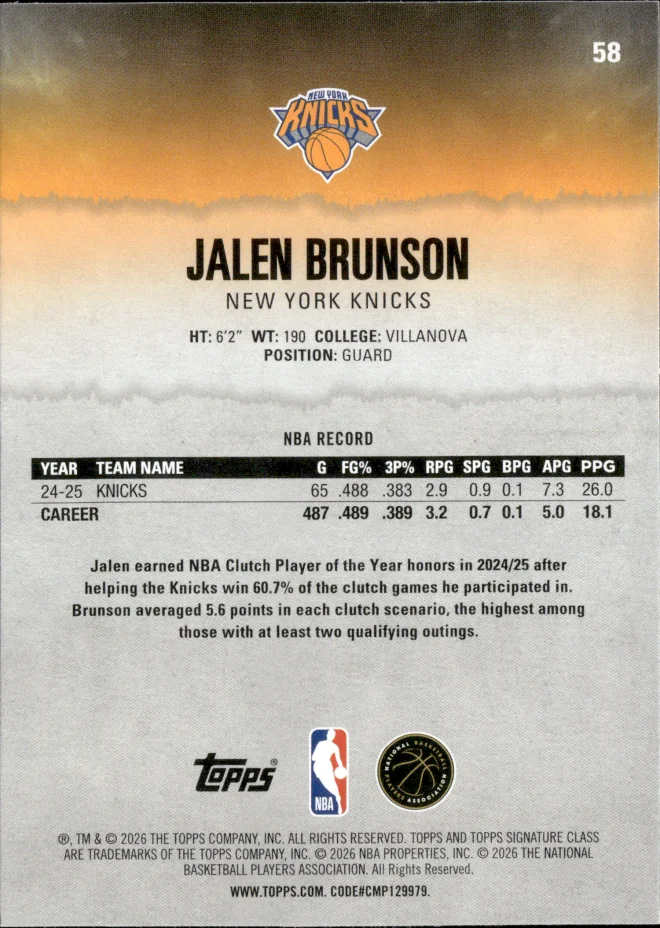 Jalen Brunson card back
