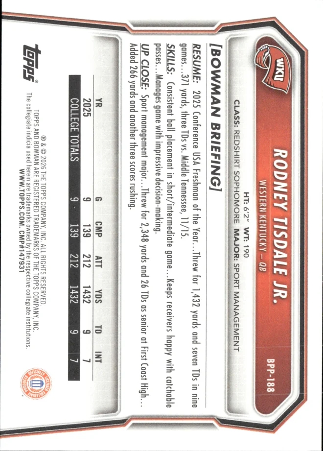 Rodney Tisdale Jr. card back