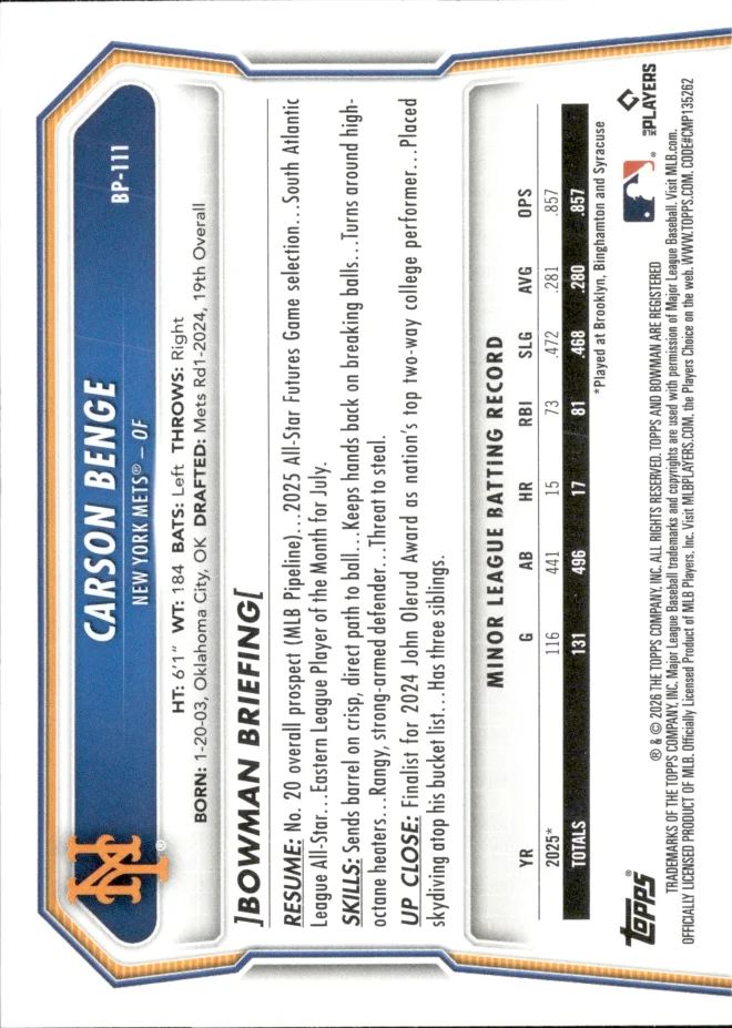 Carson Benge card back