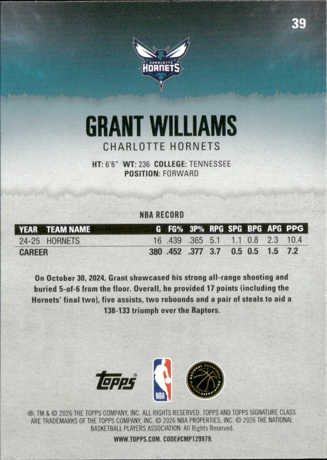 Grant Williams card back