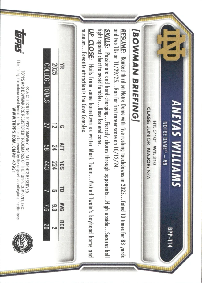 Aneyas Williams card back