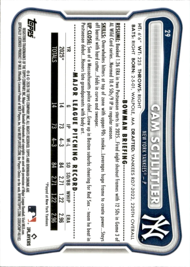 Cam Schlittler card back