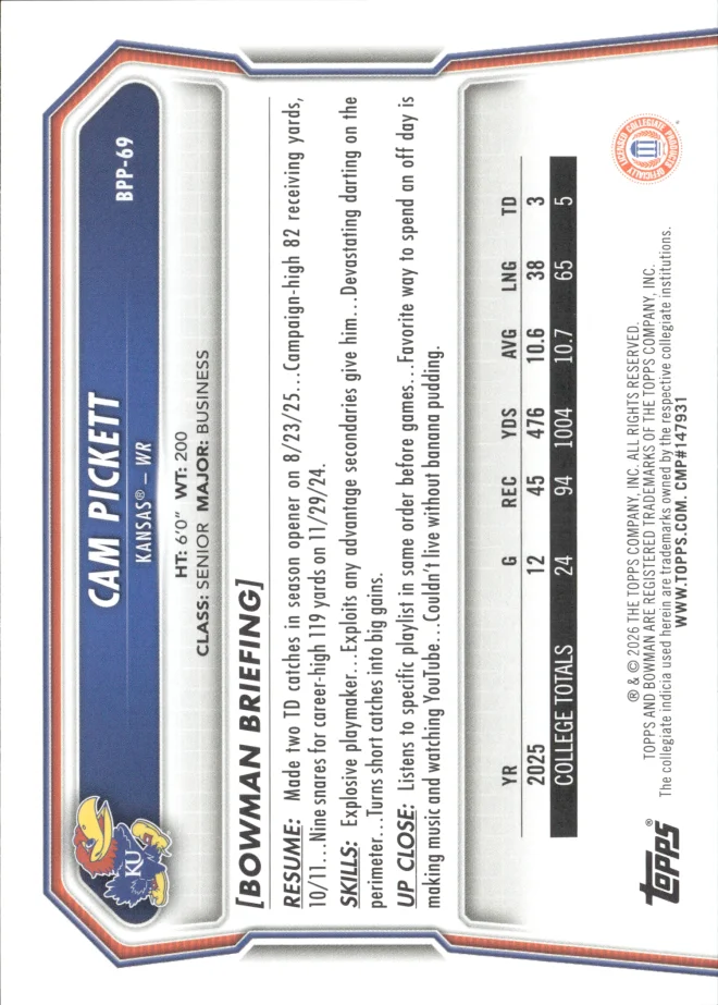 Cam Pickett card back