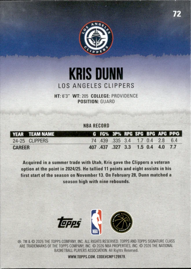 Kris Dunn card back