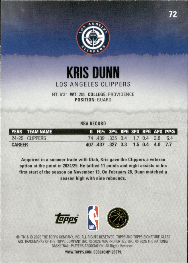 Kris Dunn card back