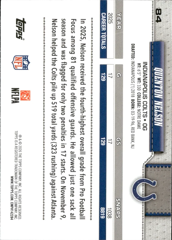 Quenton Nelson card back
