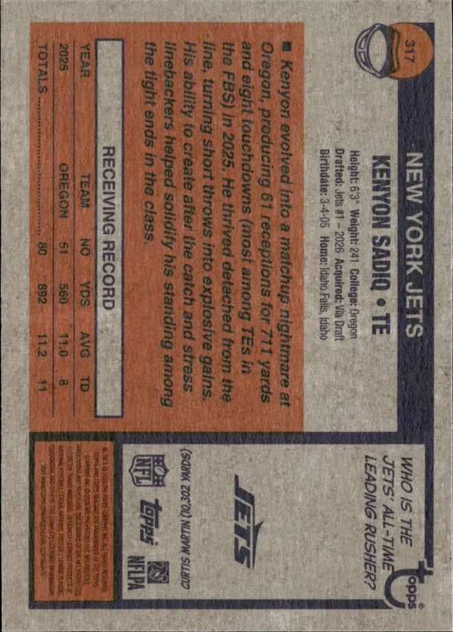 Kenyon Sadiq card back
