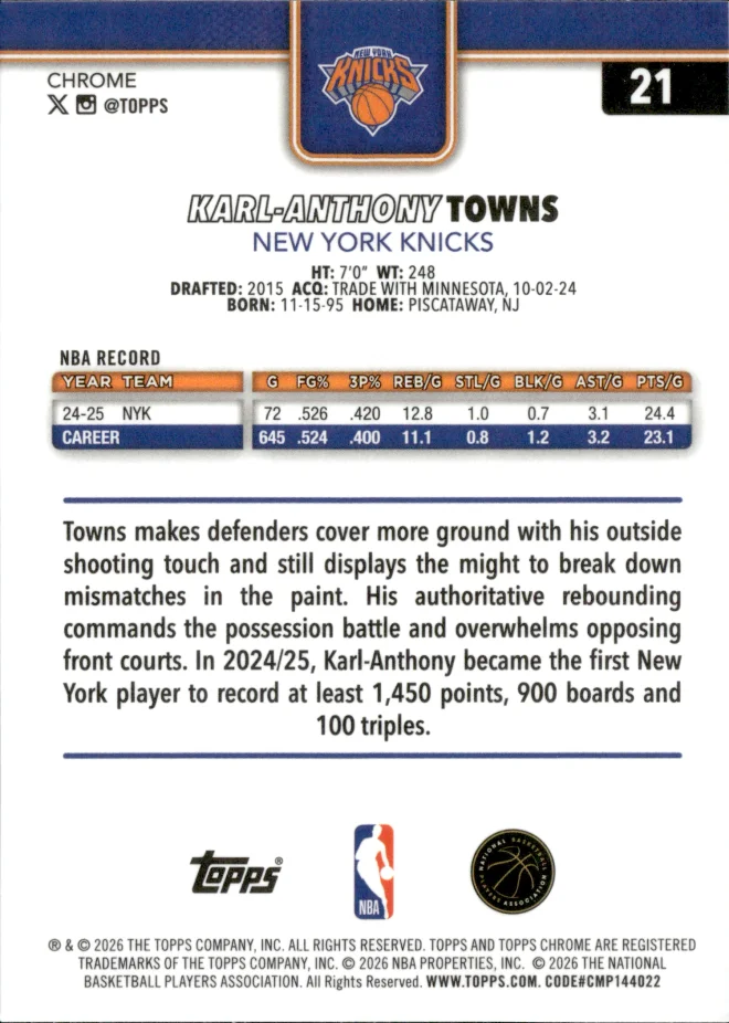 Karl-Anthony Towns card back