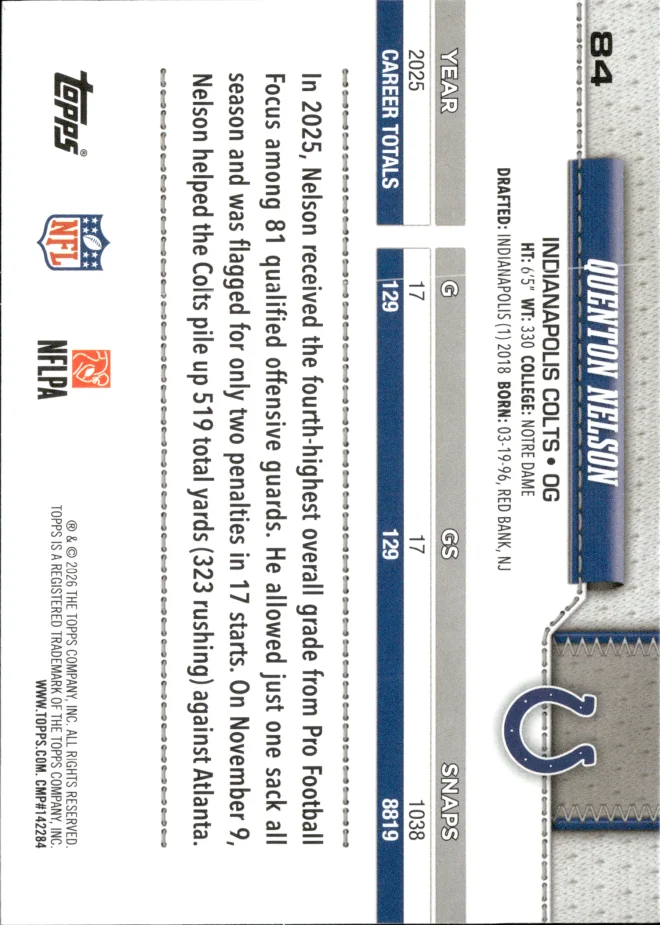 Quenton Nelson card back
