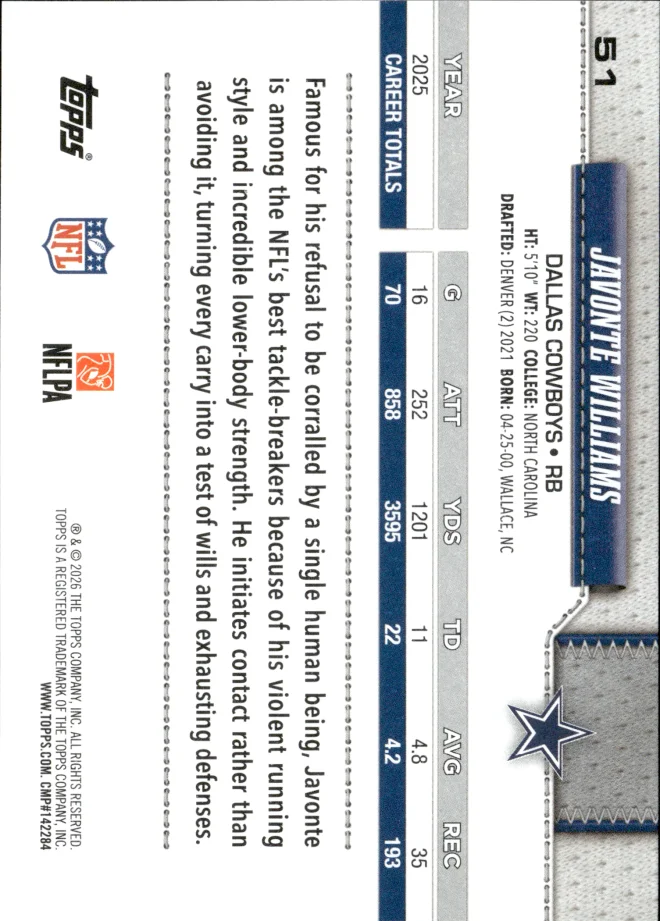 Javonte Williams card back