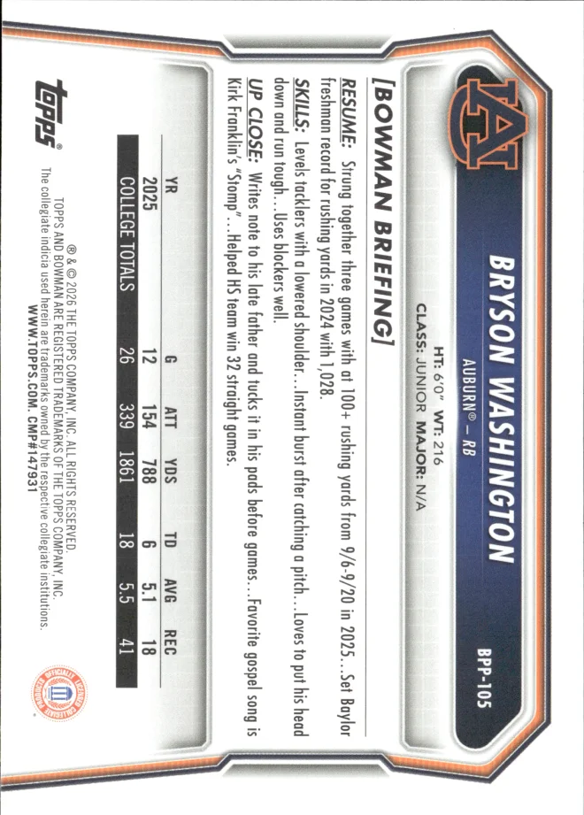 Bryson Washington card back