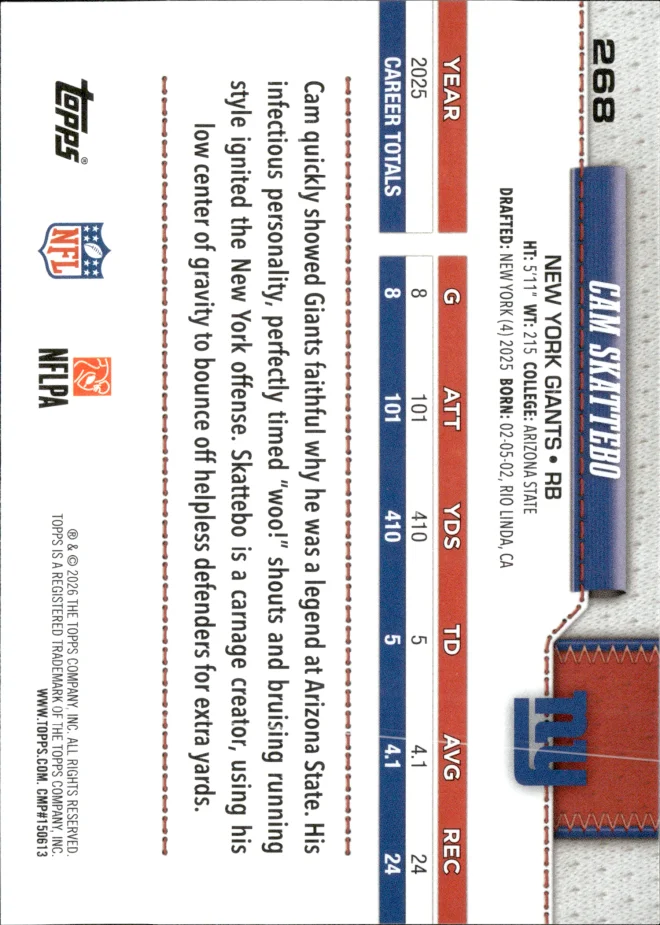 Cam Skattebo card back