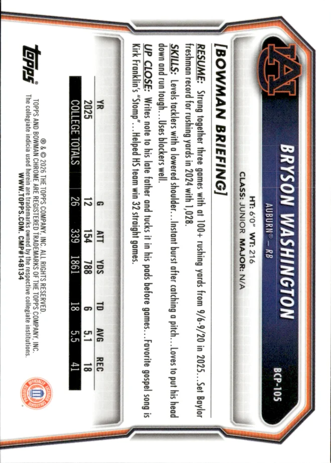 Bryson Washington card back