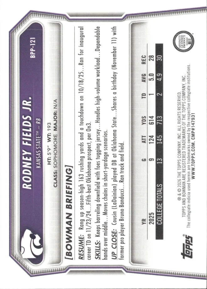Rodney Fields Jr. card back