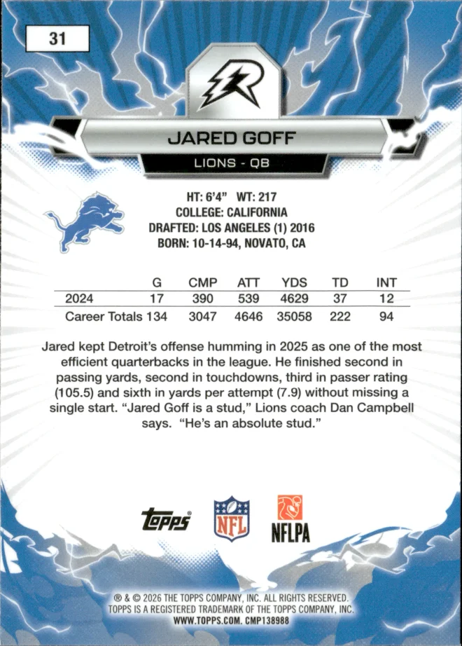 Jared Goff card back