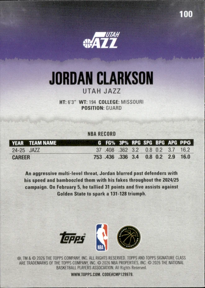 Jordan Clarkson card back