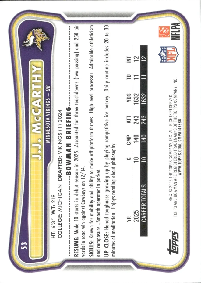 J.J. McCarthy card back