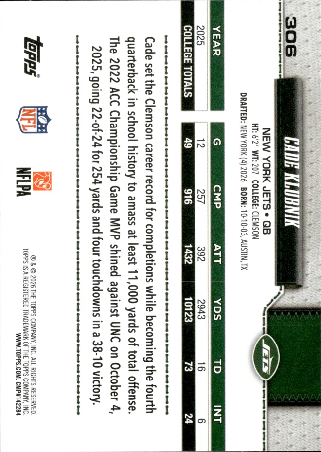 Cade Klubnik card back