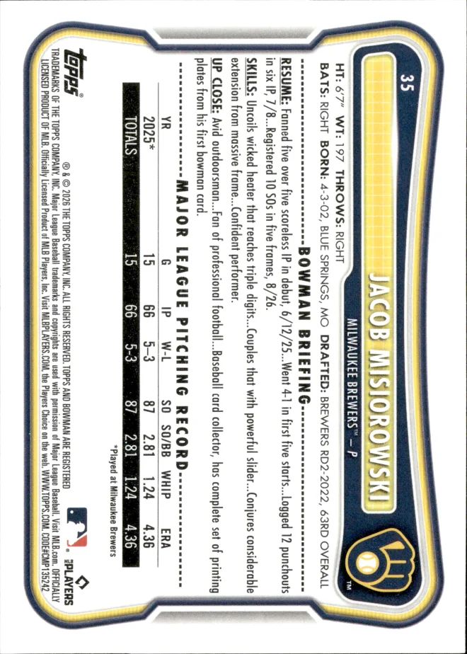 Jacob Misiorowski card back
