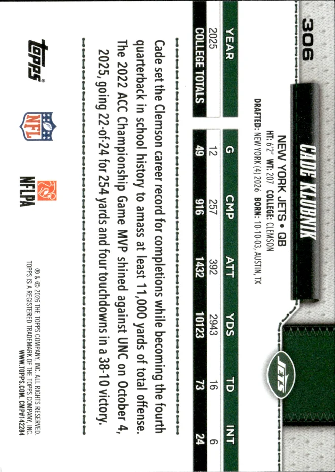 Cade Klubnik card back