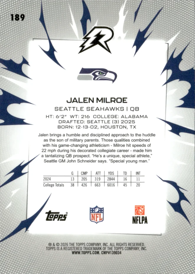 Jalen Milroe card back