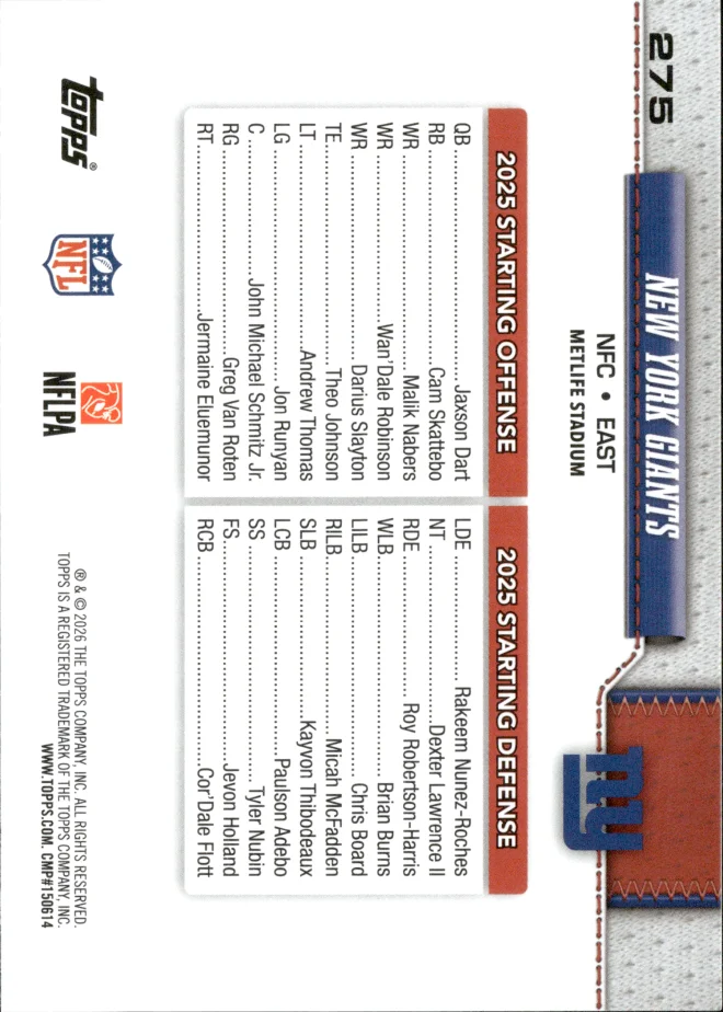 New York Giants card back