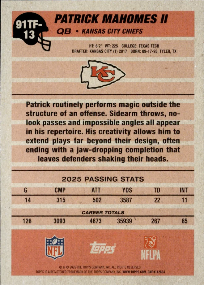 Patrick Mahomes II card back