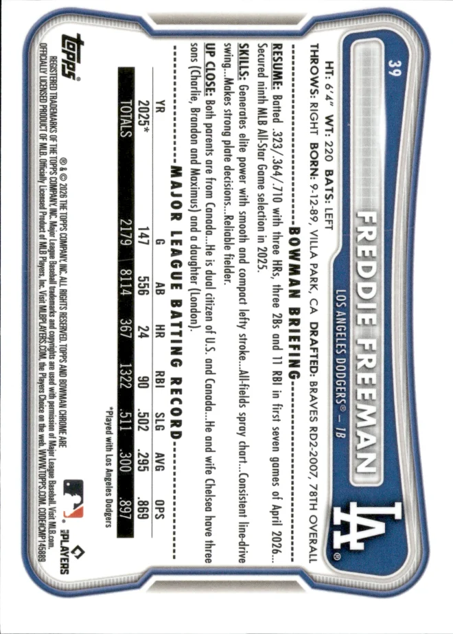 Freddie Freeman card back