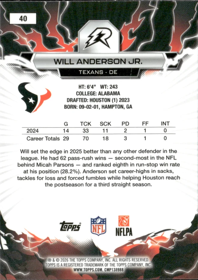 Will Anderson Jr. card back