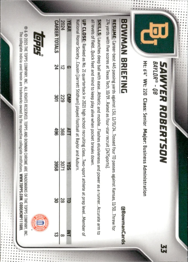 Sawyer Robertson card back