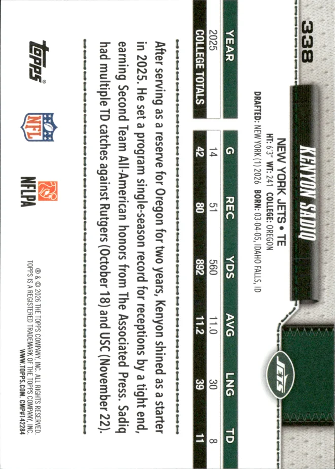 Kenyon Sadiq card back