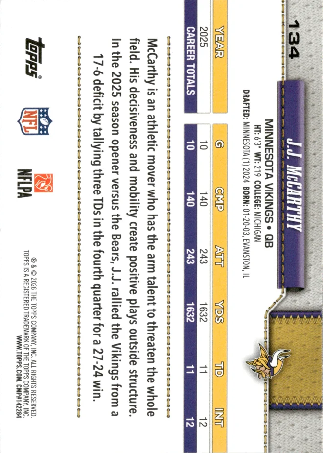 J.J. McCarthy card back
