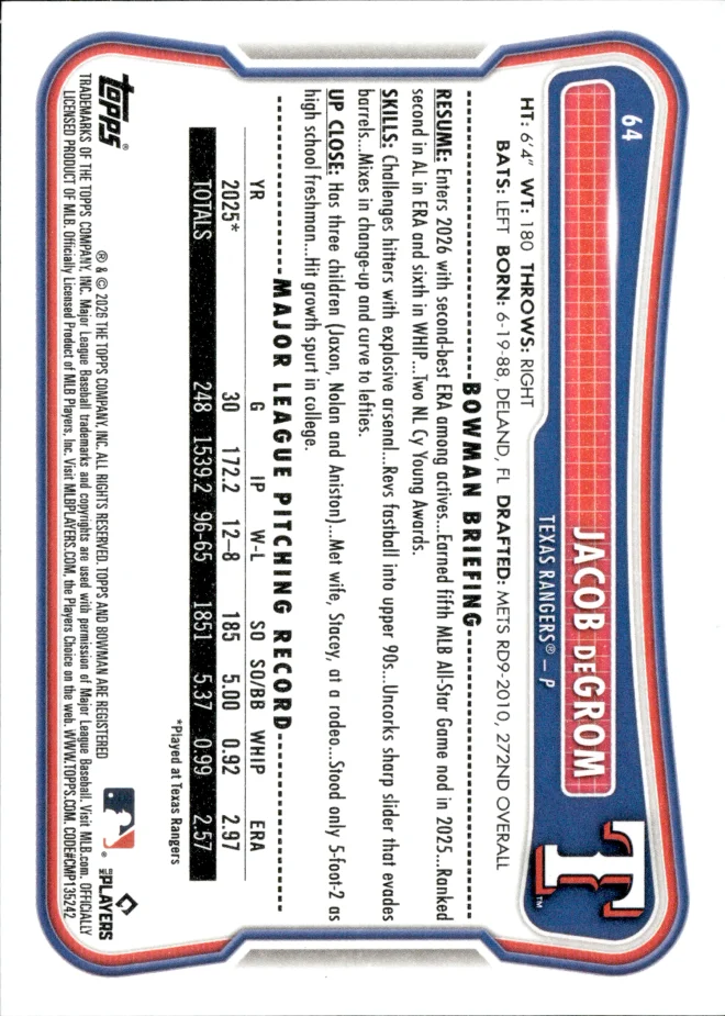 Jacob deGrom card back
