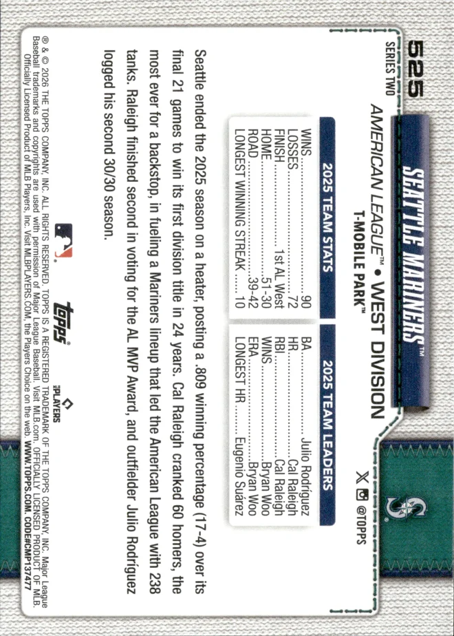 Seattle Mariners card back