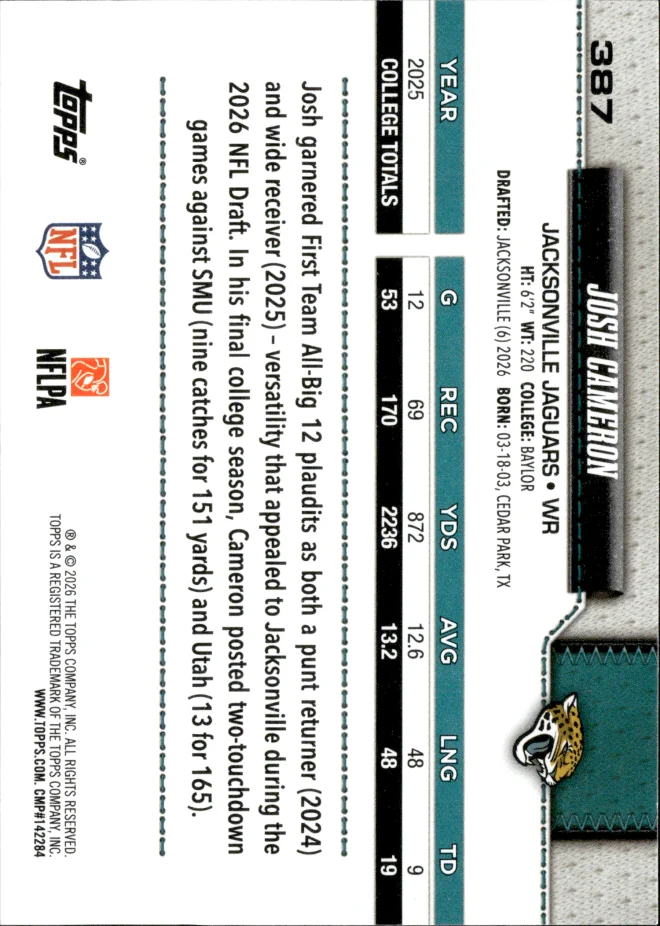 Josh Cameron card back