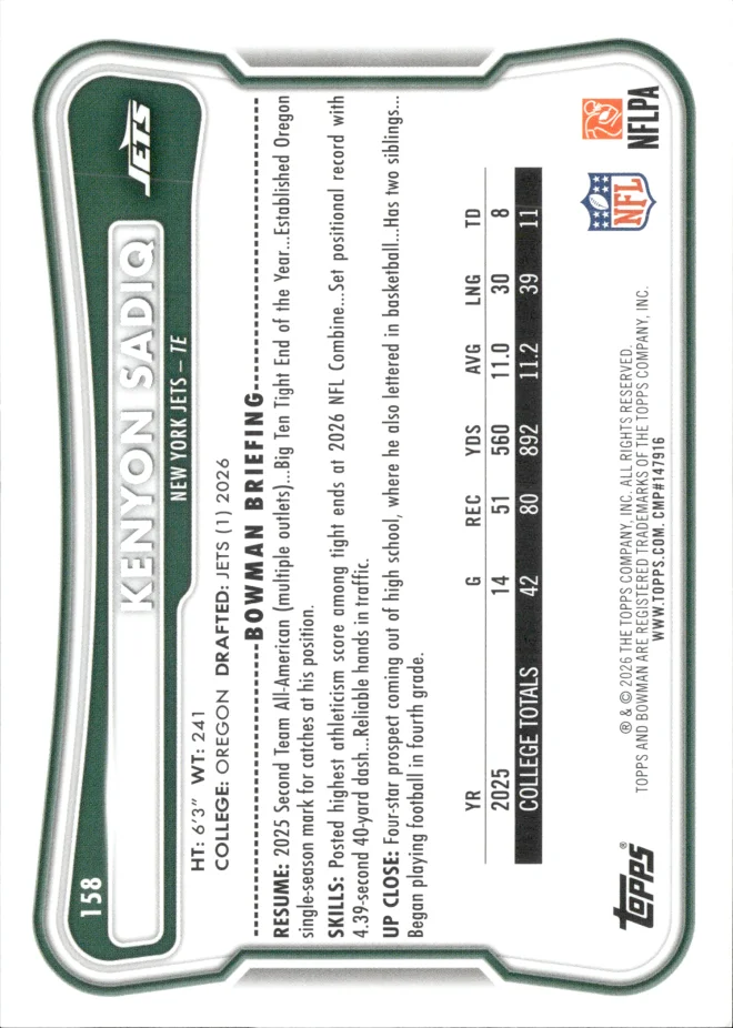 Kenyon Sadiq card back