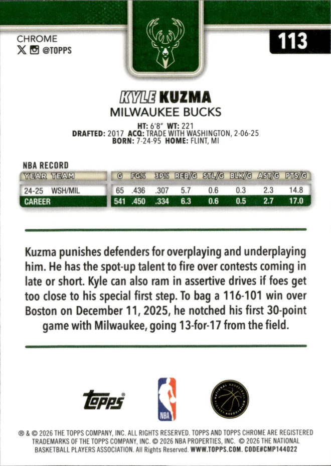 Kyle Kuzma card back